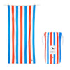 red and blue striped quick dry towel and carry bag