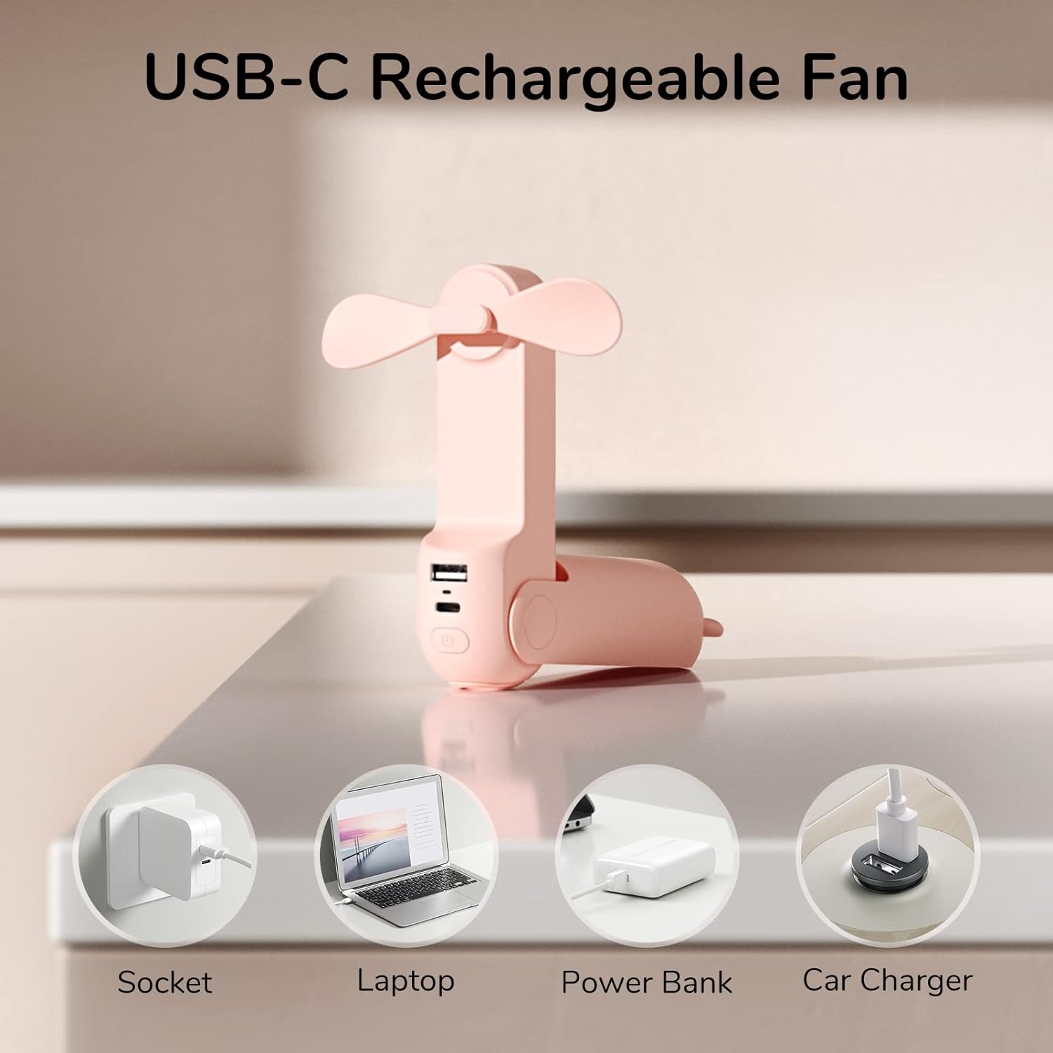 JISULIFE 3-in-1 Handheld Fan | Portable Pocket Fan with Power Bank and Flashlight | Pink