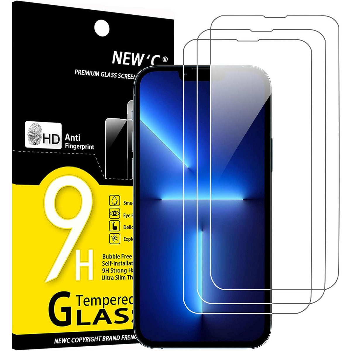 NEW&#39;C Tempered Glass Screen Protector 3 Pack for iPhone 14, 13, 13 Pro (6.1&quot;) – Case Friendly, Anti-Scratch, Bubble-Free, Ultra Resistant