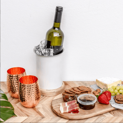 Single bottle wine cooler with wine and food platter