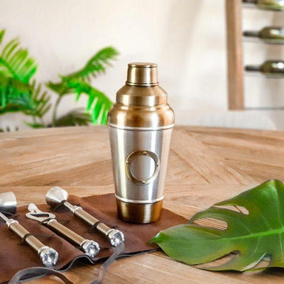 Clinq steel antique brass cocktail shaker with cocktail mixing kit