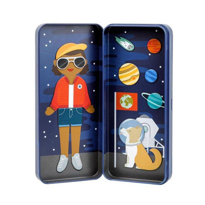 Petit Collage Space bound magnetic dress up set tin with girl and planet magnets